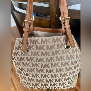 Michael Kors Beige and Brown MK Logo Shoulder Bag with Tan Straps